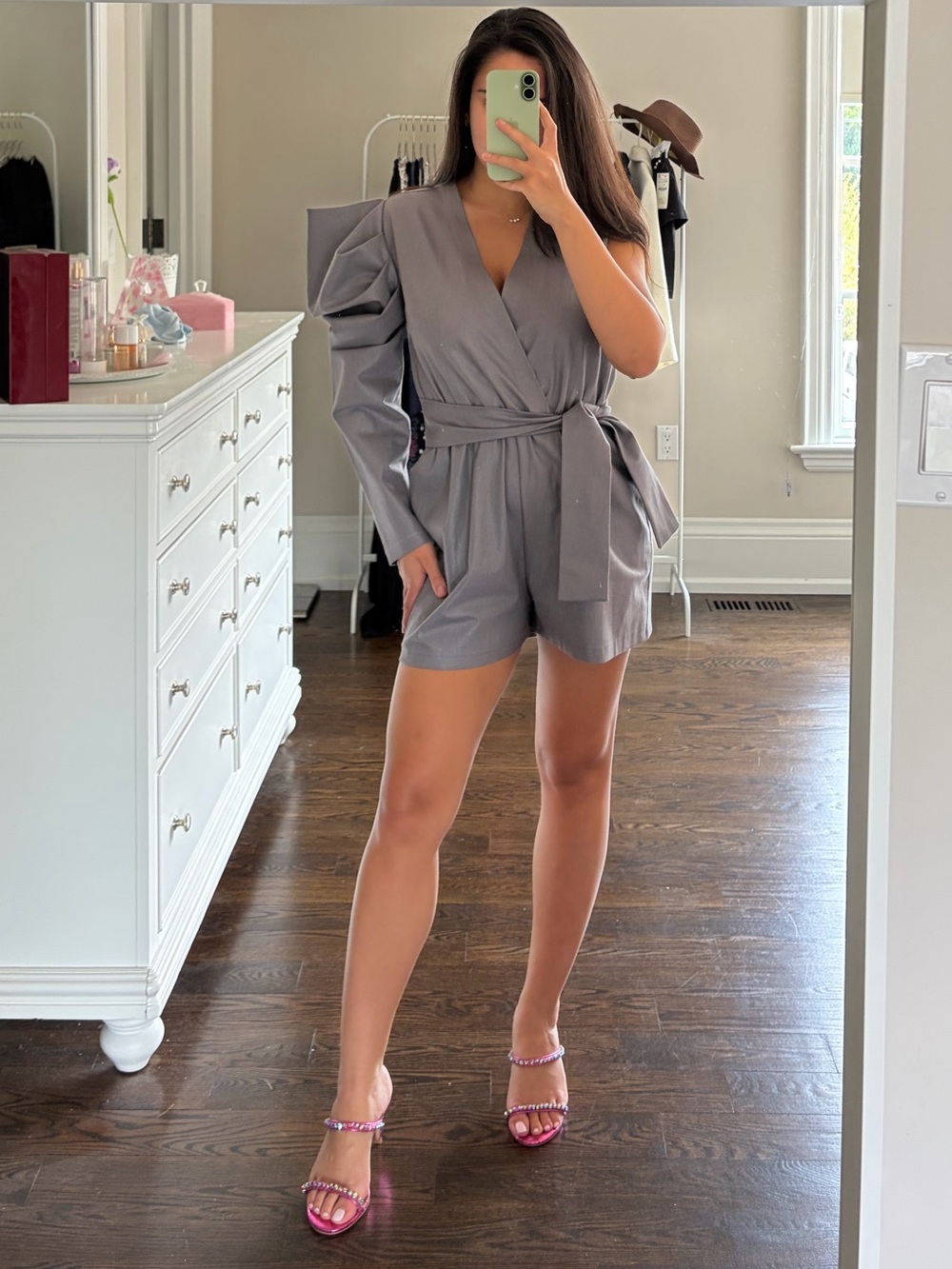 Structured Puff-Sleeve Romper in Silver